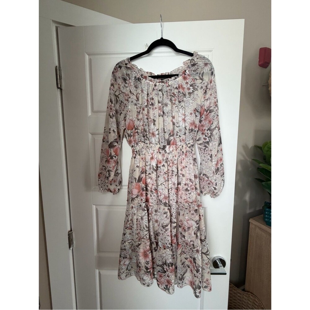Kate and Lily Floral Long-Sleeve Tiered Midi Dress in Cream & Pink-10